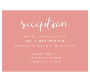 Bright and Beautiful wedding reception card; pink background with white text