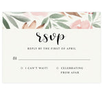 Load image into Gallery viewer, Bright and beautiful wedding response card; textured background with pink watercolor florals on the top edge and black text
