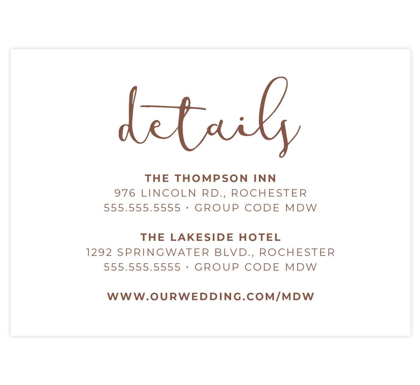Fantasy Love wedding accommodations/details card; white background with brown text