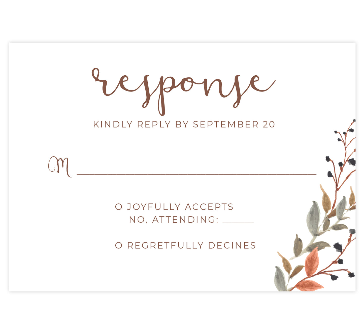 Fantasy Love wedding response card; white background with watercolor leaves in bottom right corner and brown text
