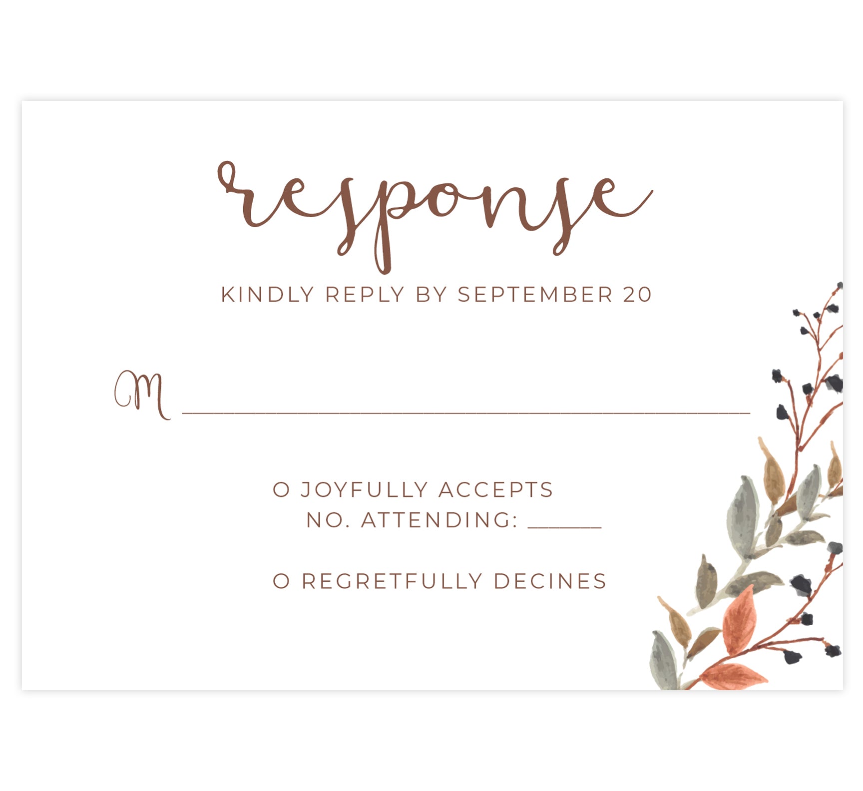 Fantasy Love wedding response card; white background with watercolor leaves in bottom right corner and brown text