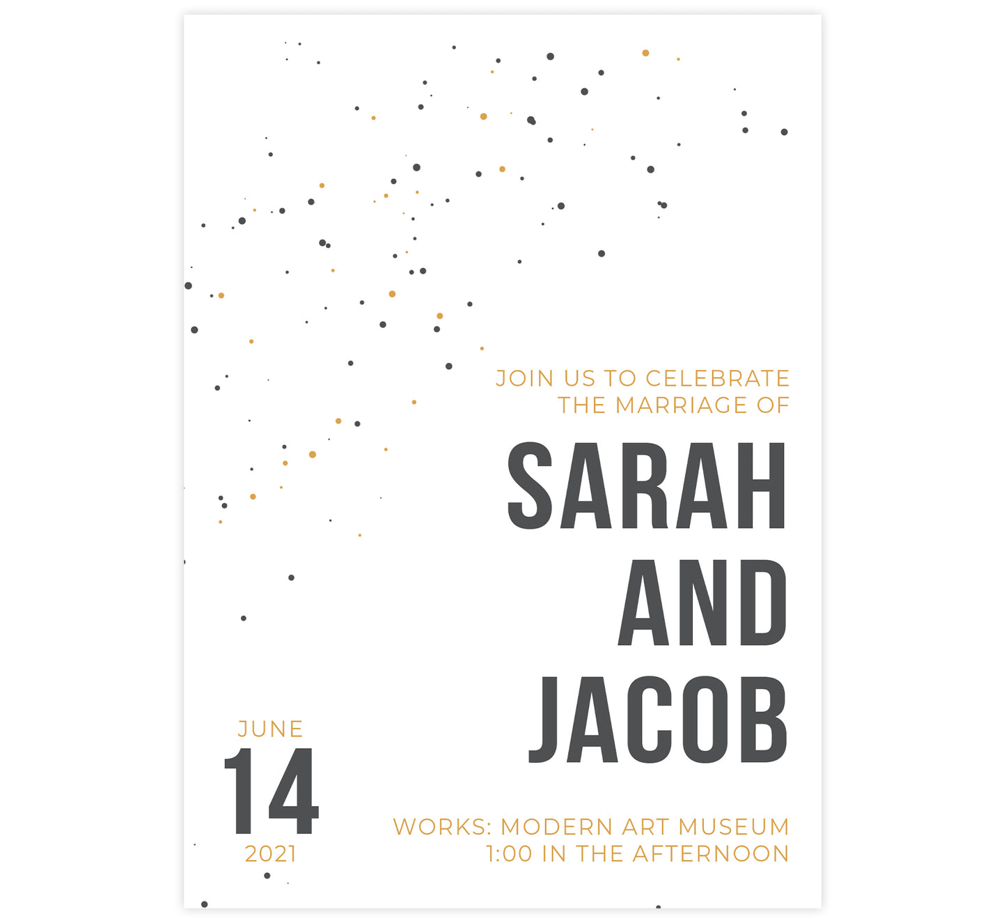 Modern Bold wedding invitation card; white background with gold yellow and gray dots and bold text on the bottom right corner