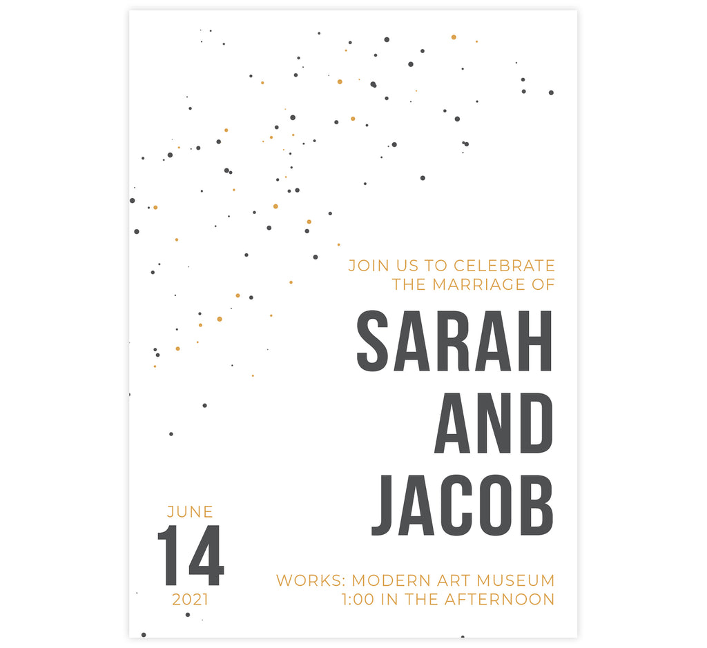 Modern Bold wedding invitation card; white background with gold yellow and gray dots and bold text on the bottom right corner
