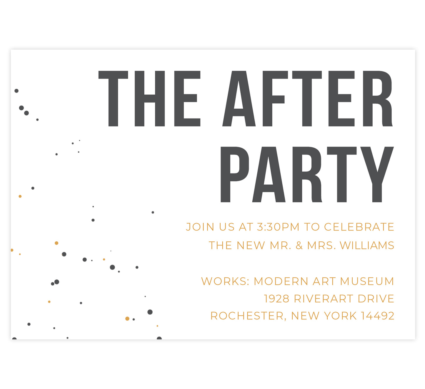 Modern Bold wedding reception card; white background with gray and gold dots on the left edge with bold gray and gold text