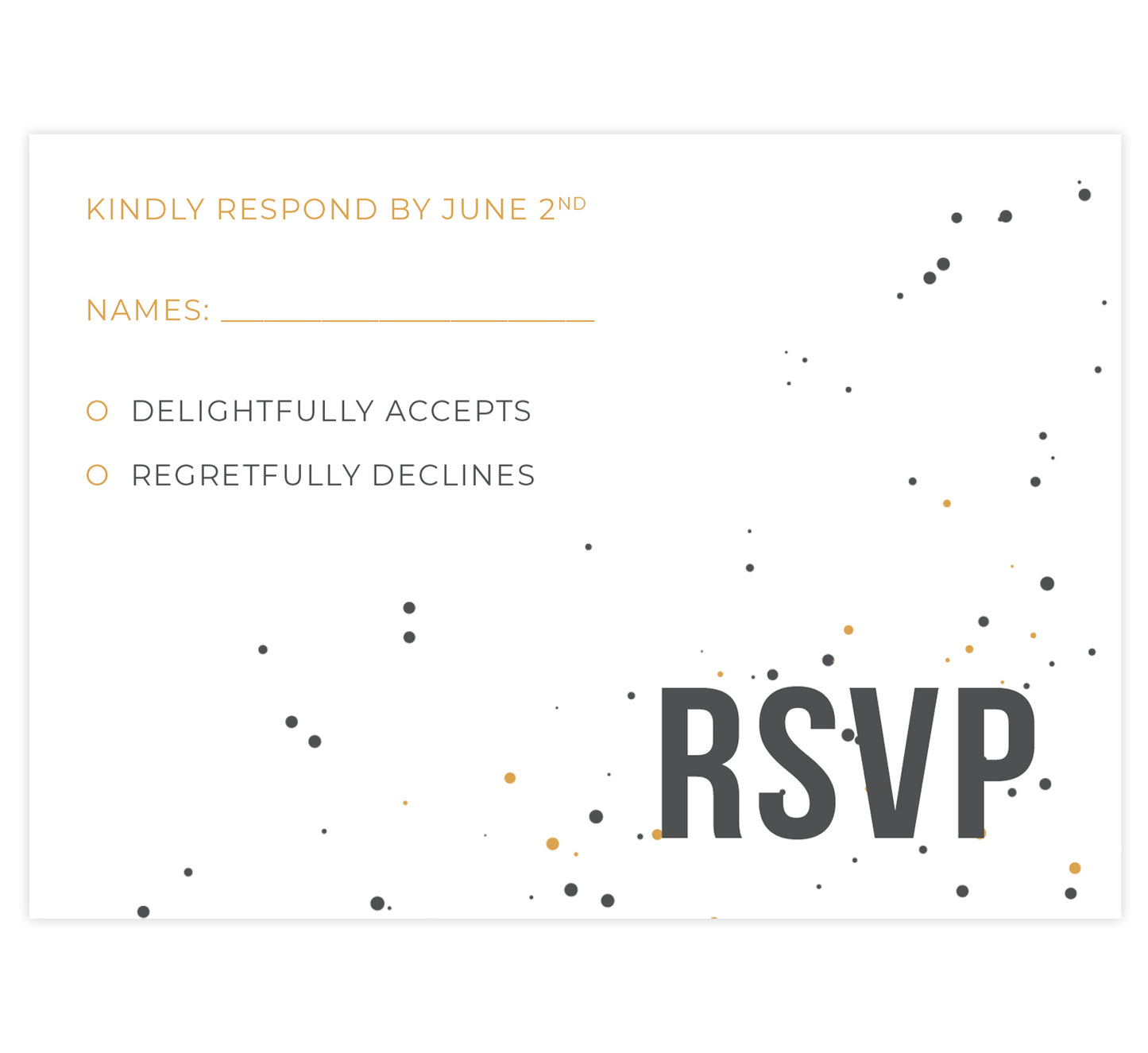 Modern Bold wedding response card; white background with gold and gray dots and gold and gray text