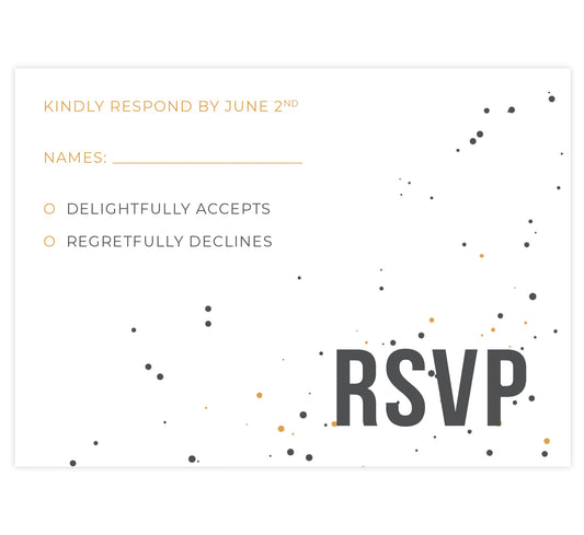 Modern Bold wedding response card; white background with gold and gray dots and gold and gray text
