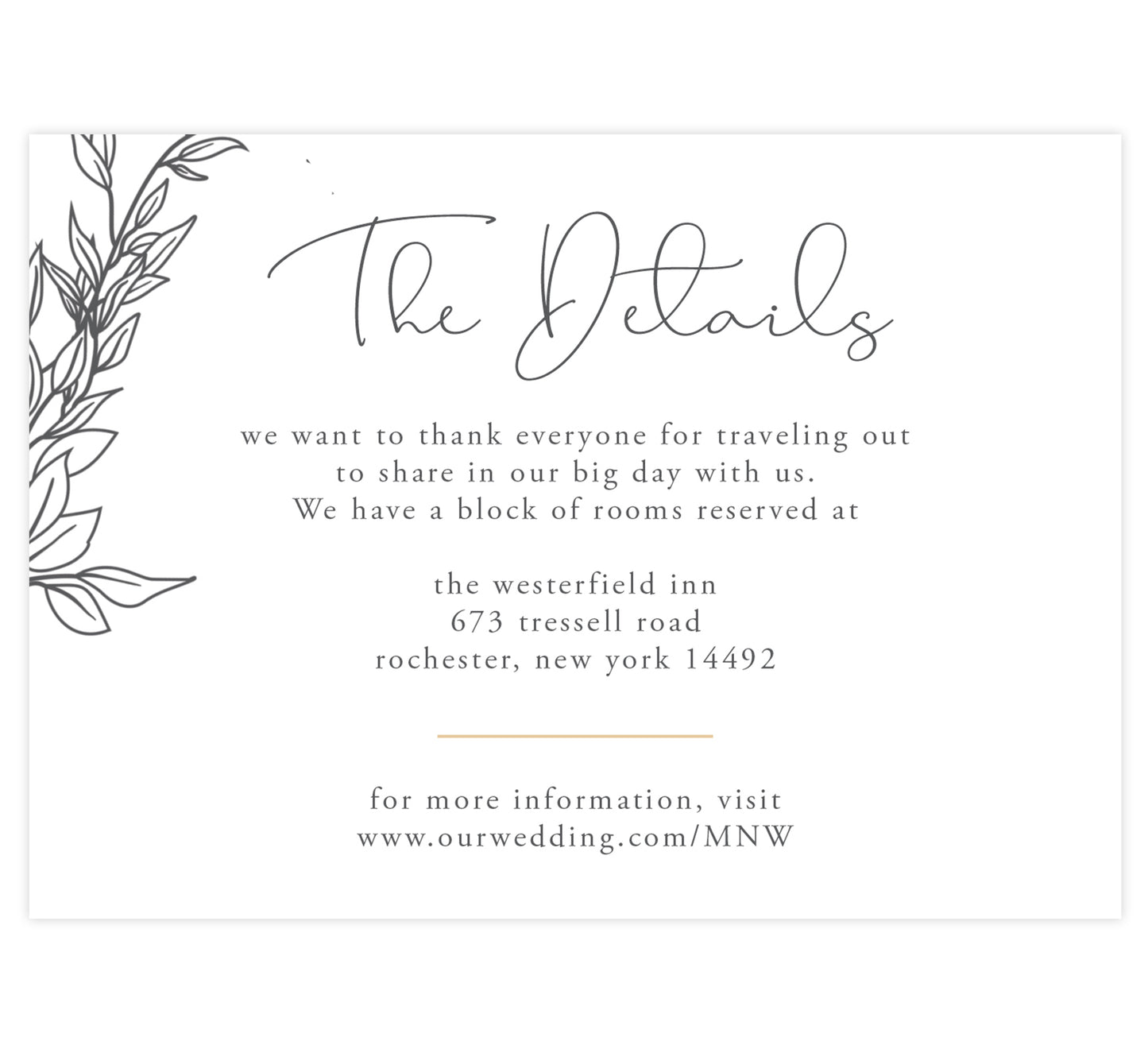 Hand Drawn Frame Details/Accommodations Wedding Card; white background with black hand drawn leaves elements and gold divider
