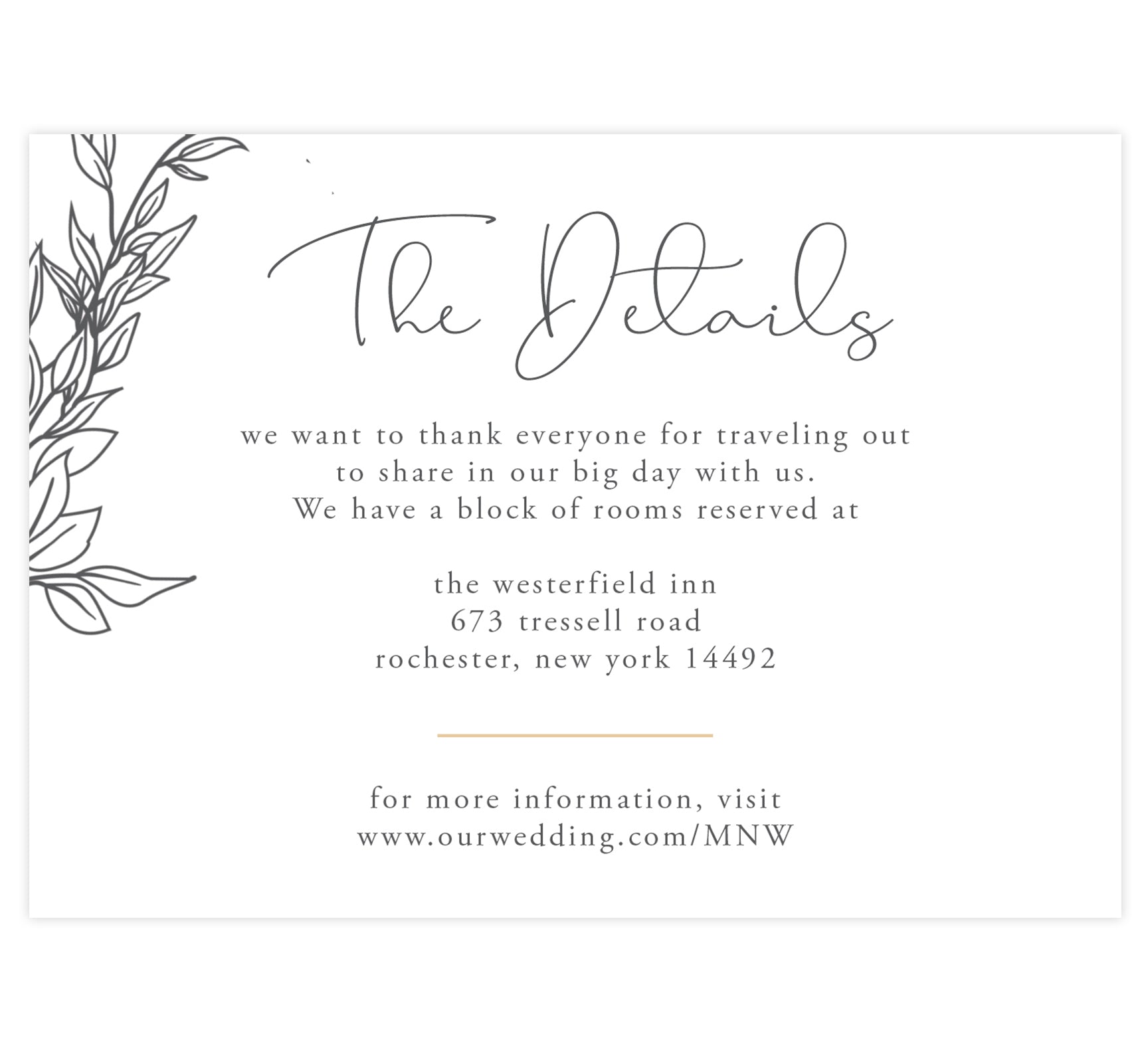 Hand Drawn Frame Details/Accommodations Wedding Card; white background with black hand drawn leaves elements and gold divider