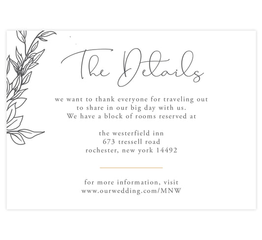 Hand Drawn Frame Details/Accommodations Wedding Card; white background with black hand drawn leaves elements and gold divider