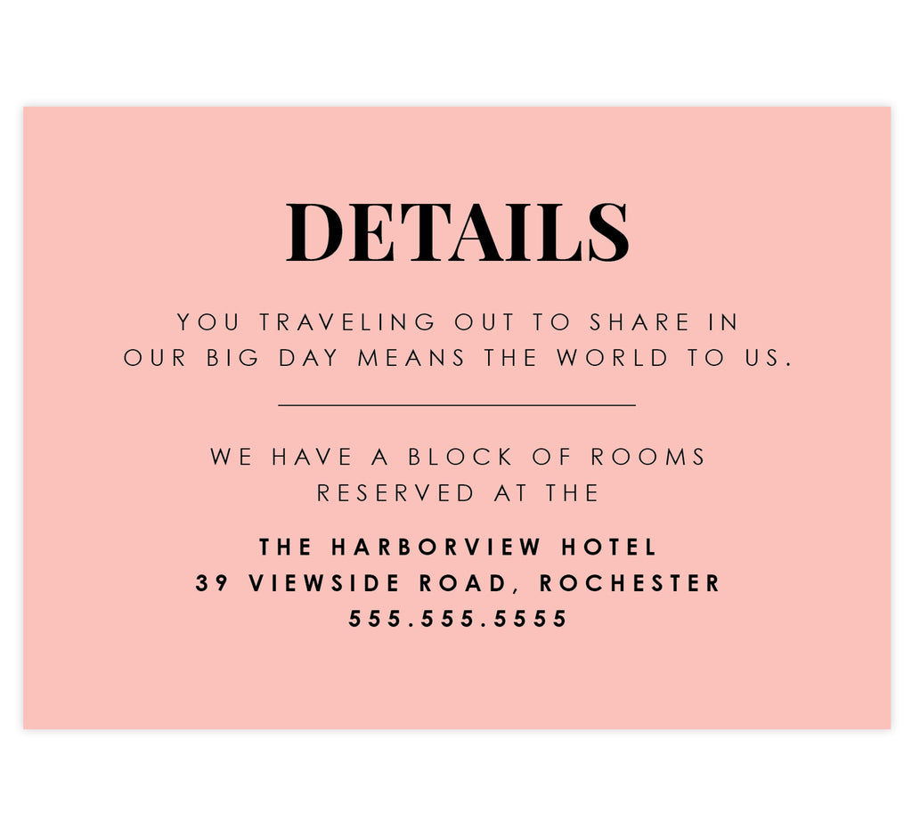 Watercolor Wreath Wedding Accommodations/Details Card; Pink background with black text overtop
