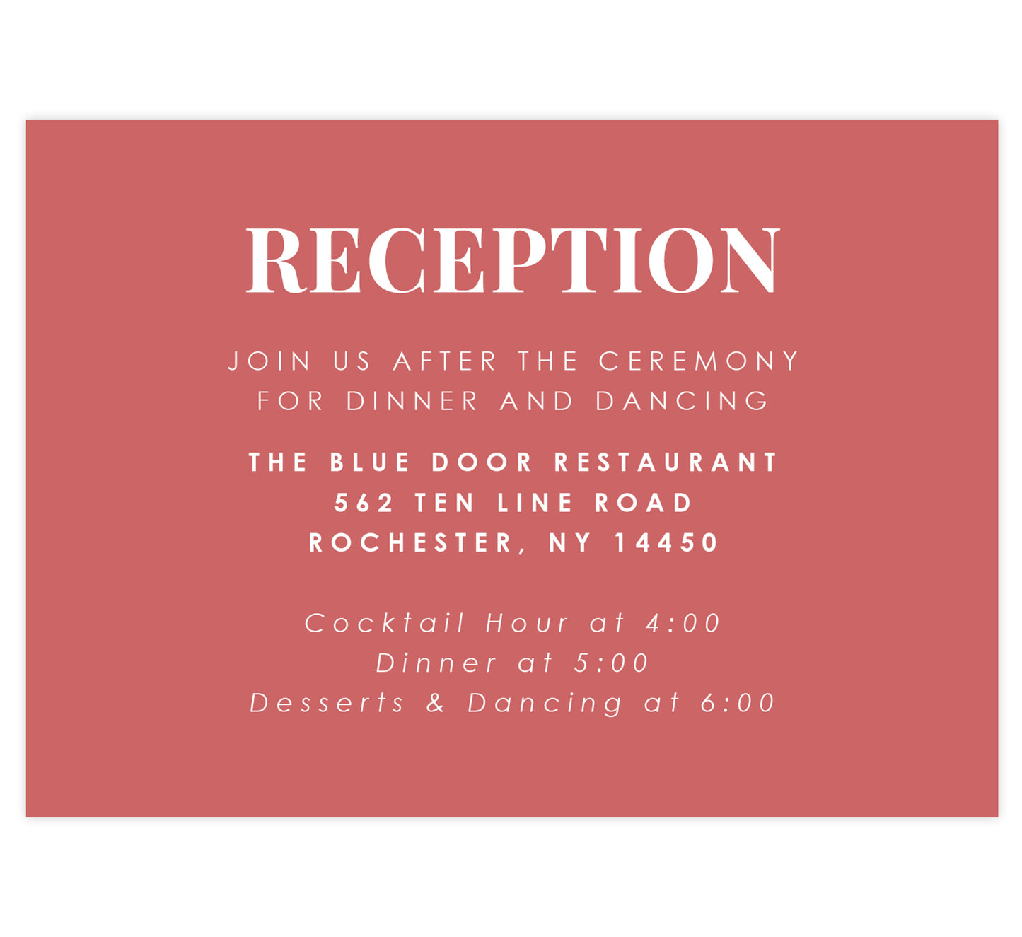 Watercolor Wreath Wedding Reception Card; Deep coral background with white text