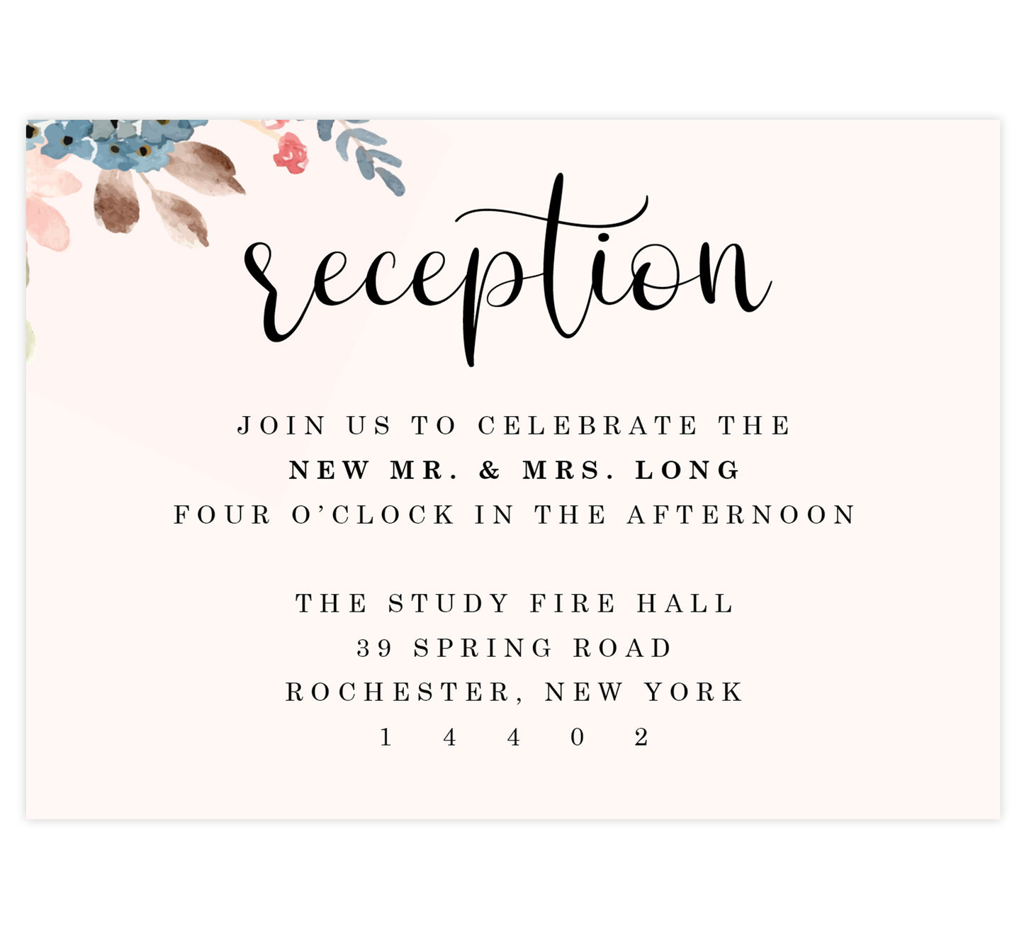 Pink Watercolor Reception Card; Blush pink background with black text and watercolor flowers in top lefthand corner