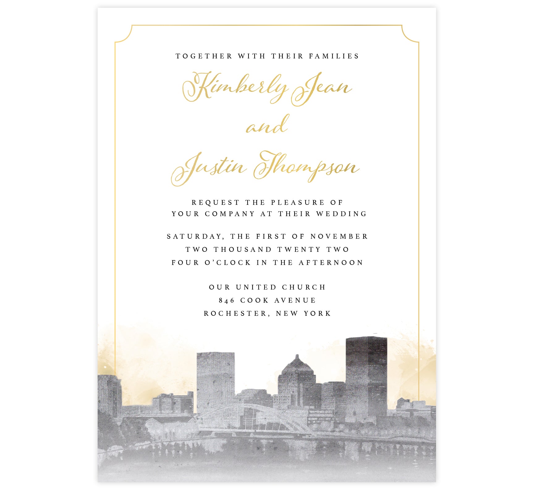 Elegant Skyline wedding invitation; artistic version of the Rochester, NY skyline in grayscale with gold watercolor background and gold elegant frame around the card.