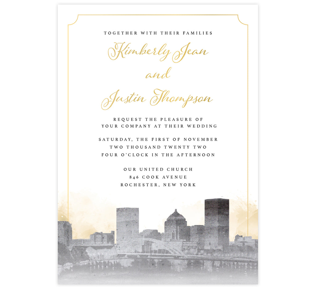 Elegant Skyline wedding invitation; artistic version of the Rochester, NY skyline in grayscale with gold watercolor background and gold elegant frame around the card.