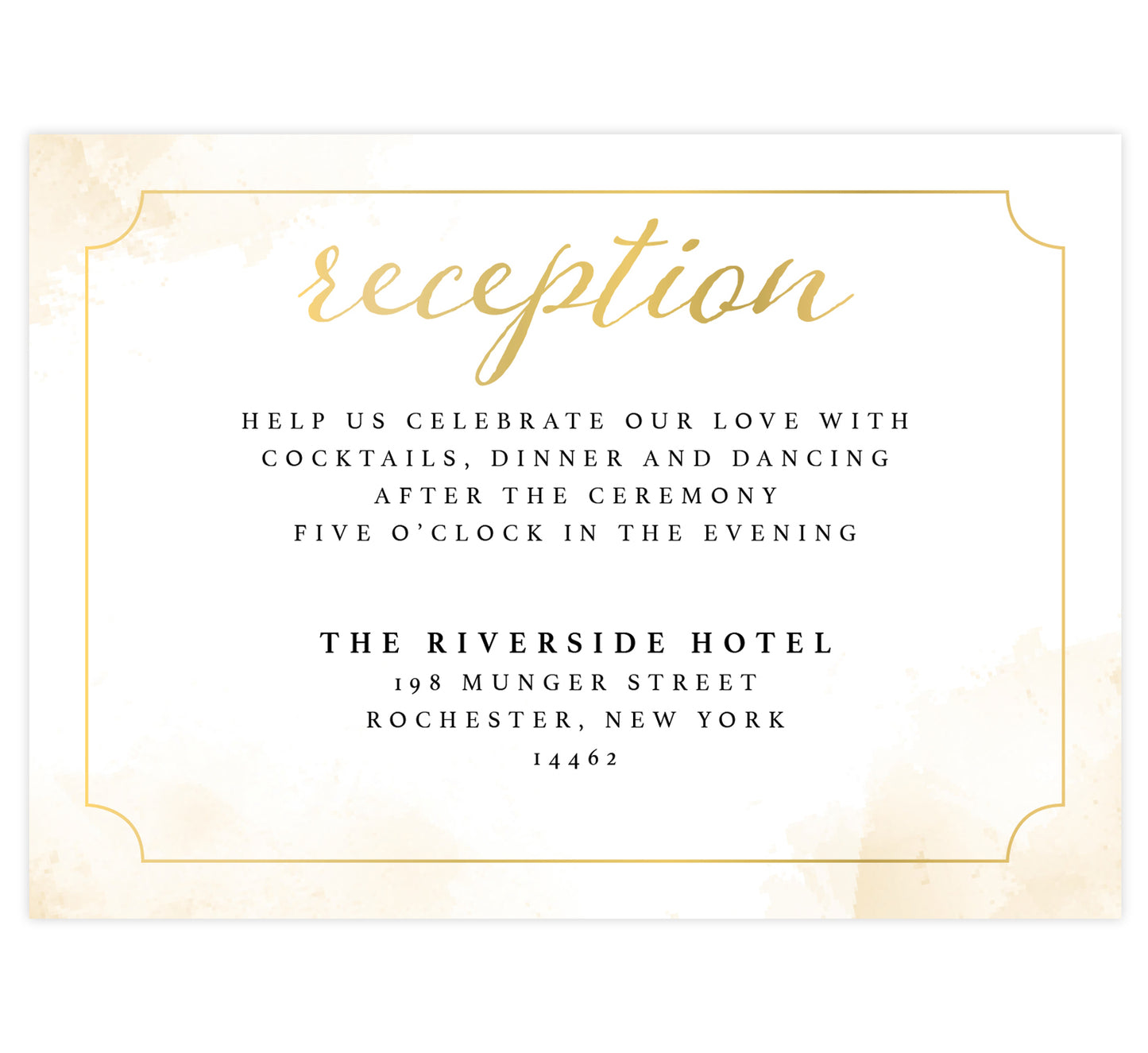 Elegant Skyline wedding reception card; White background with gold splashes on the edges with elegant gold frame and black and gold text