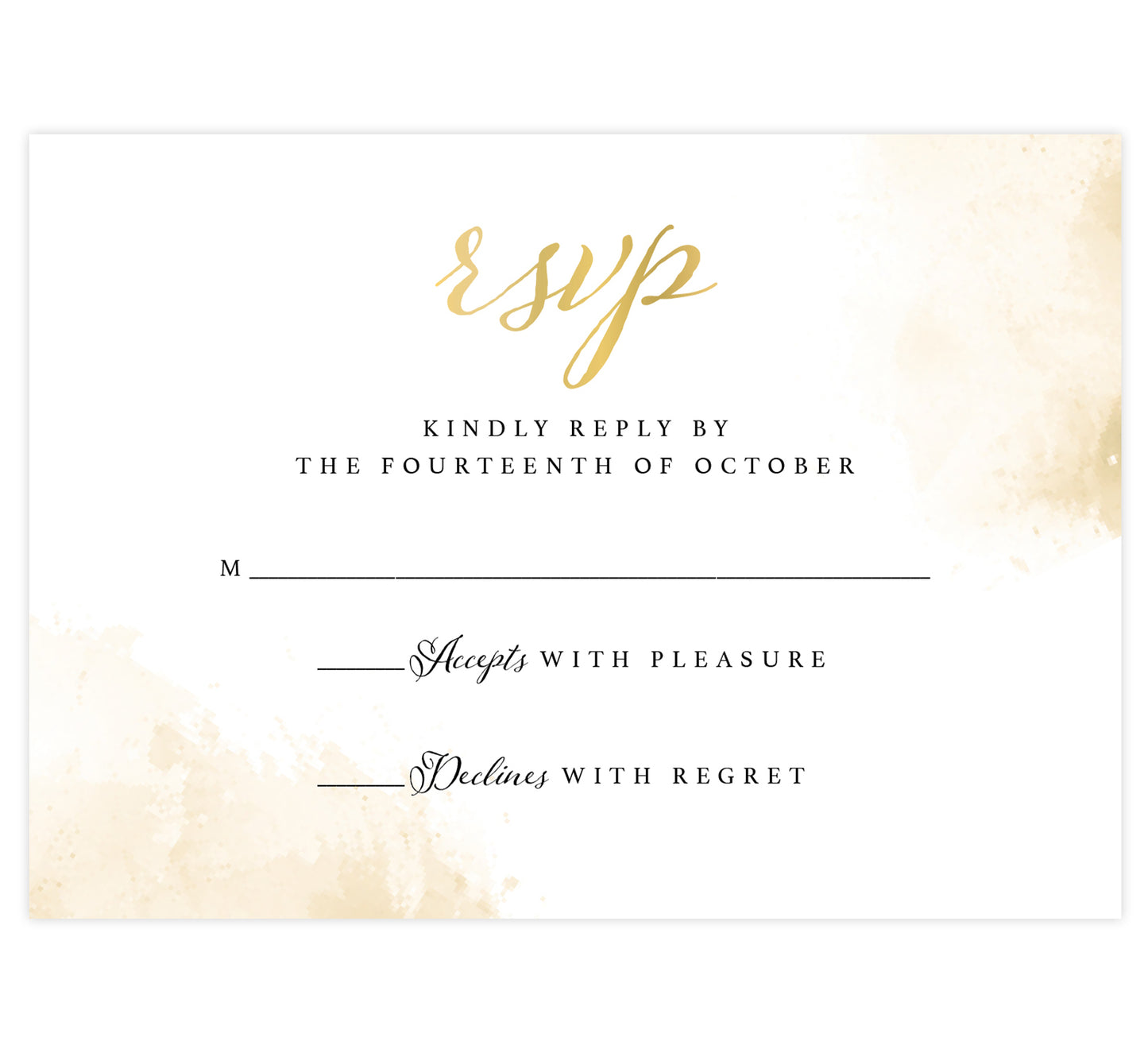 Elegant Skyline wedding invitation; white background with gold splashes in the top right and bottom left corners with black and gold text