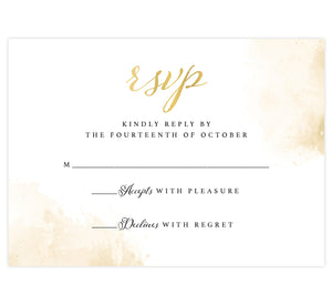 Elegant Skyline wedding invitation; white background with gold splashes in the top right and bottom left corners with black and gold text