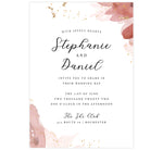 Load image into Gallery viewer, Enchanting Watercolor wedding invitation; white background with pink watercolor on the edges, small gold dots and glitter with black text
