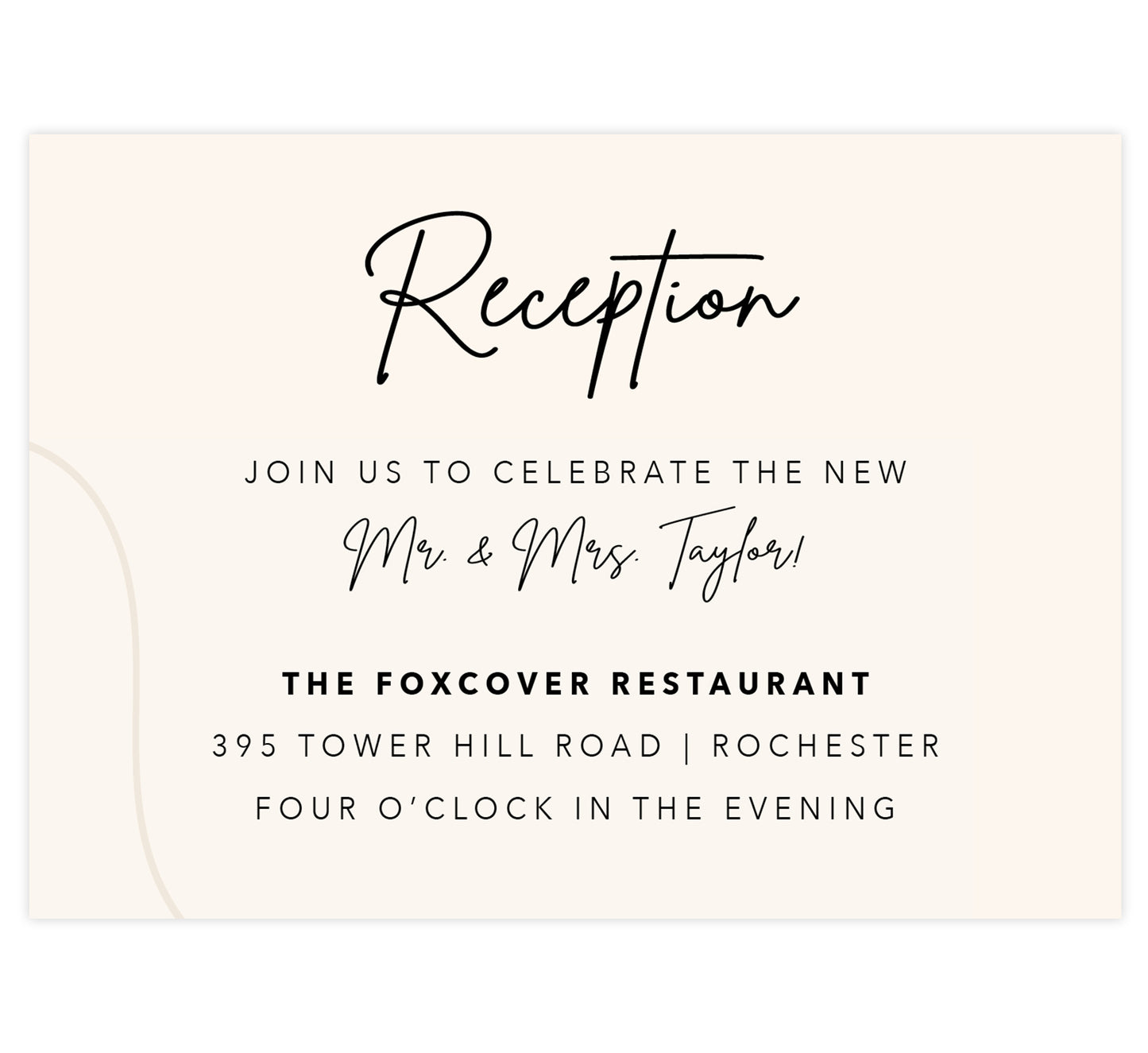 Modern Handwriting wedding reception card; creme background with hand drawn design on the left and black text