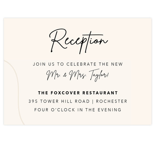 Modern Handwriting wedding reception card; creme background with hand drawn design on the left and black text