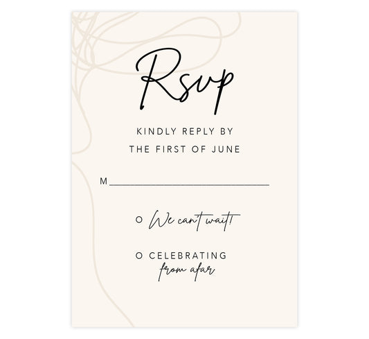 Modern Handwriting wedding response card; creme background with tan drawn design on the left edge and black writing