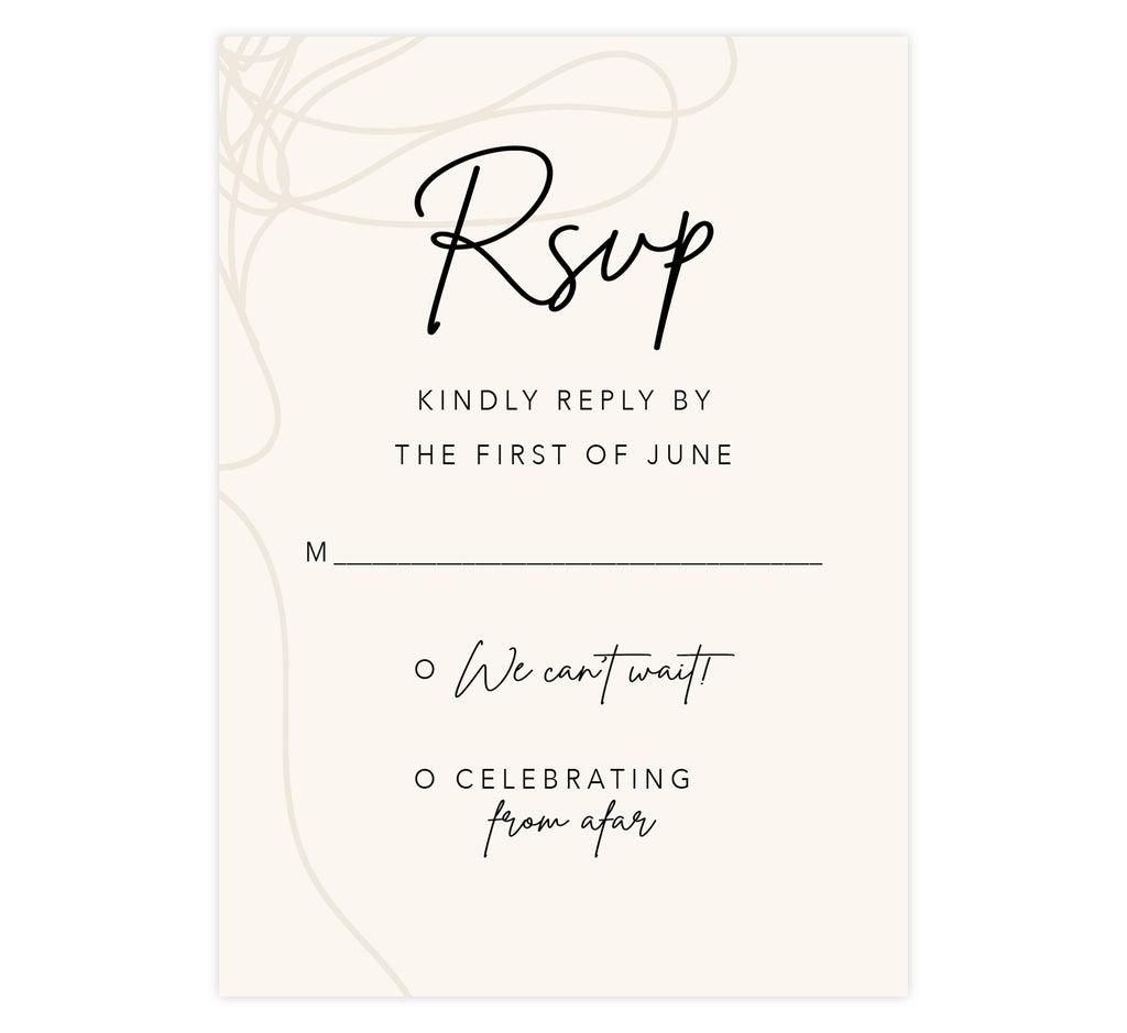 Modern Handwriting wedding response card; creme background with tan drawn design on the left edge and black writing