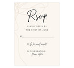 Load image into Gallery viewer, Modern Handwriting wedding response card; creme background with tan drawn design on the left edge and black writing
