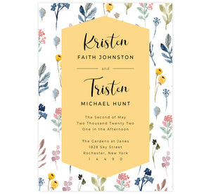 Yellow and Florals wedding invitation; white background with watercolor florals background and yellow behind the text