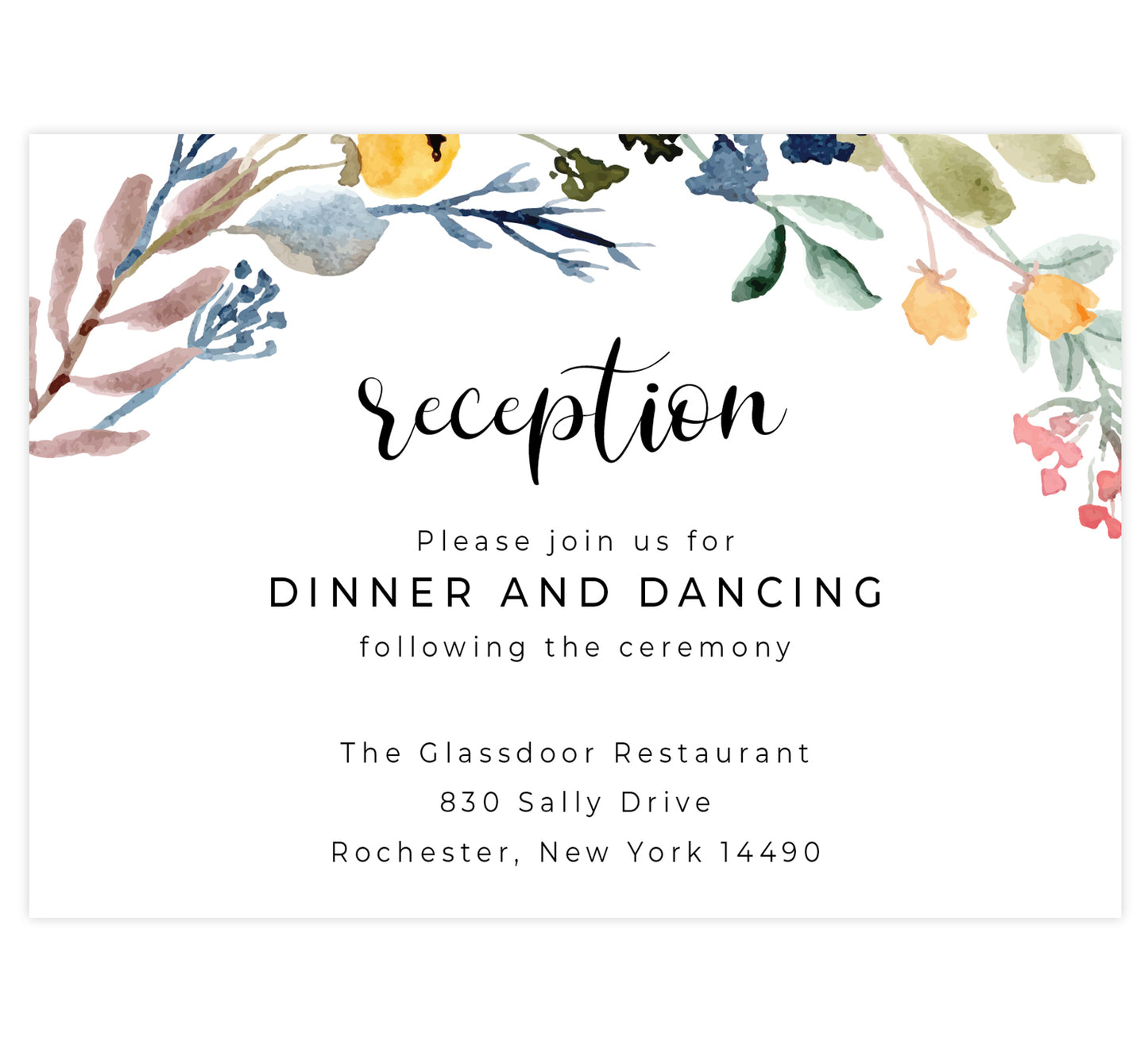 Yellow and Florals wedding reception card; white background with black text and floral frame at the top edge