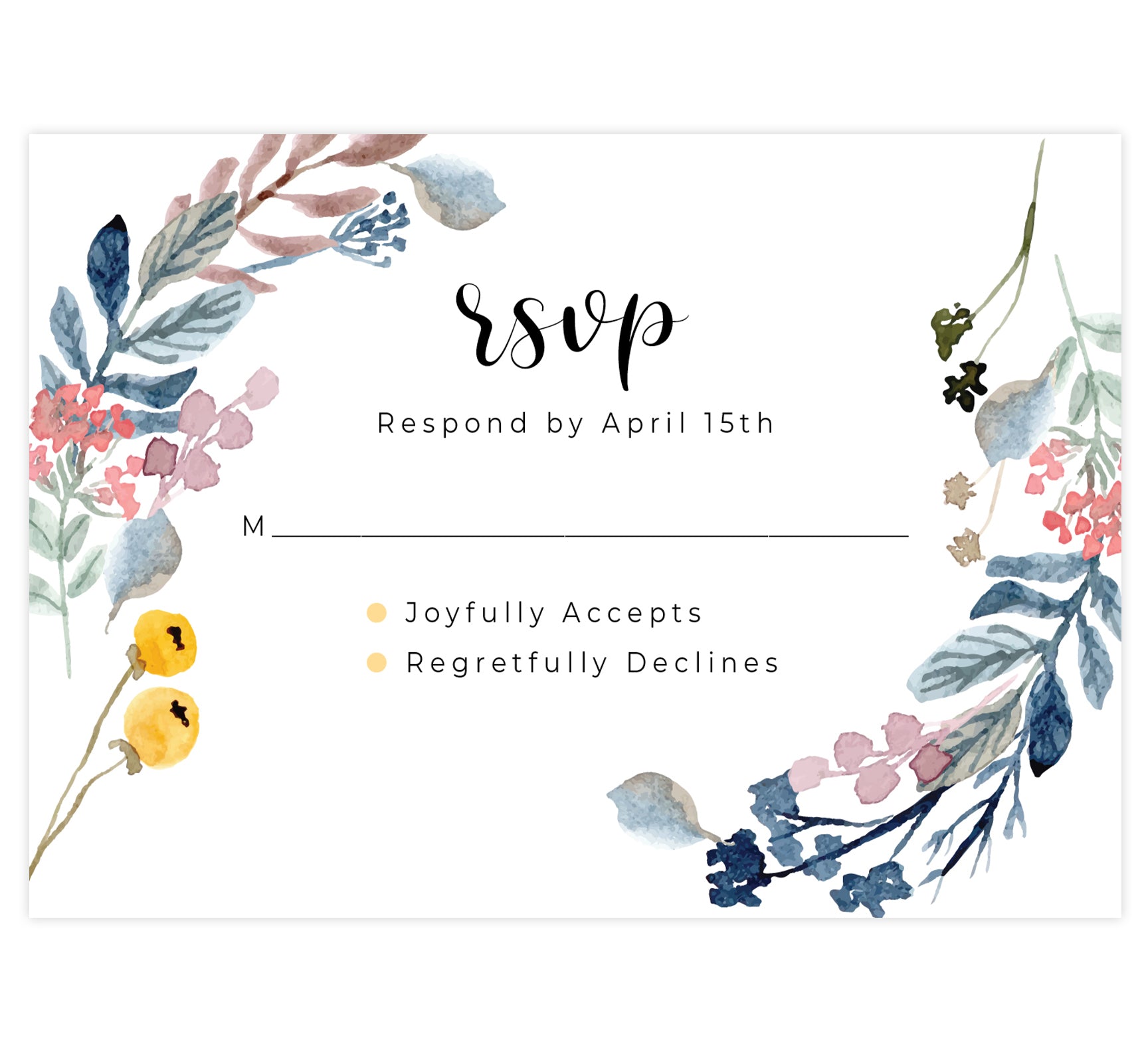 Yellow and Florals wedding response card; white background with black text and floral on either side