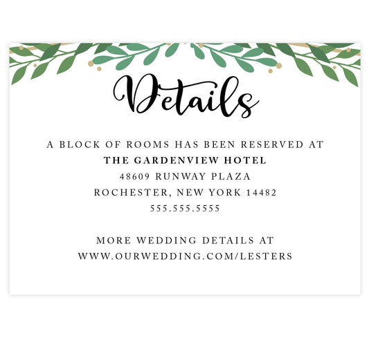 Gold Frame with Greenery accommodations/details card; white background with black text and greenery on the top edge.