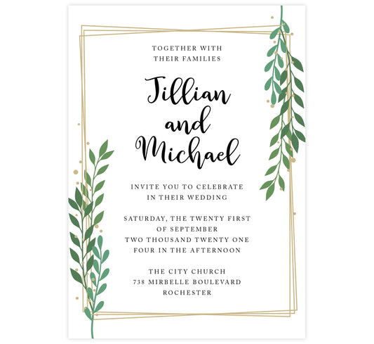 Gold Frame with Greenery wedding invitation; White background with gold frame, black text and greenery on the top right and bottom left corner