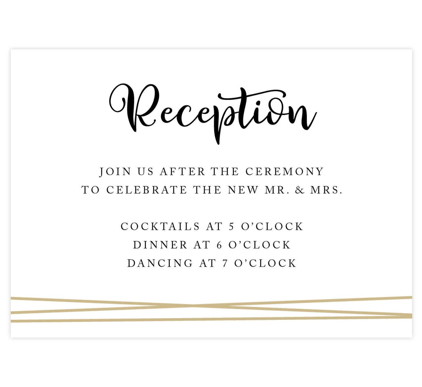 Gold Frame with Greenery Wedding reception card; white background with gold lines across the bottom and black text