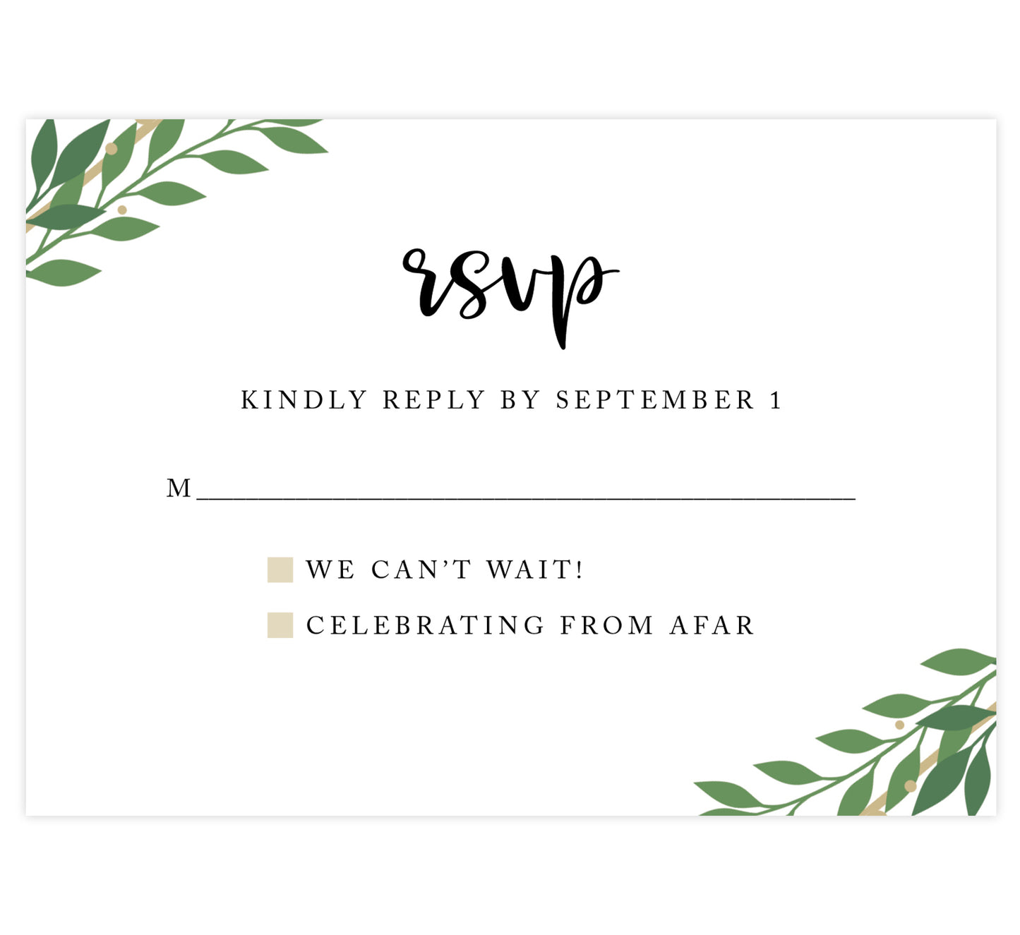 Gold Frame with Greenery wedding response card; White background with black text and greenery in the corners