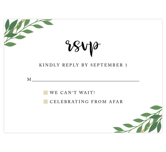 Gold Frame with Greenery wedding response card; White background with black text and greenery in the corners