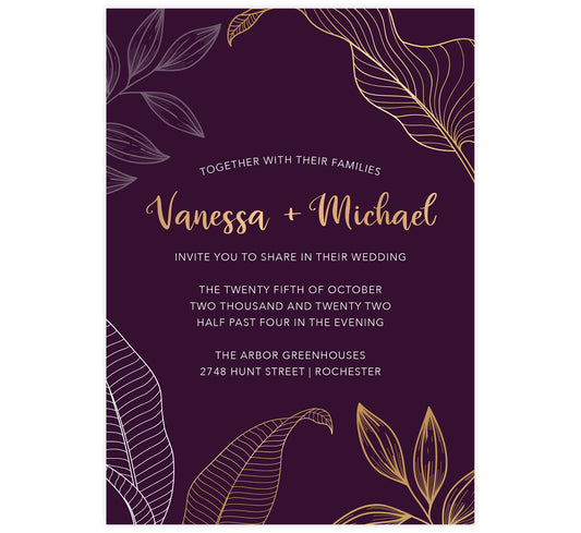 Modern Purple wedding invitation; deep purple background with oversized gold and white leaves