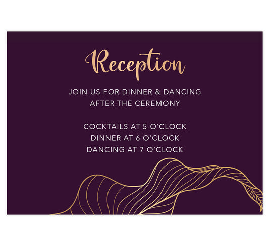 Modern Purple Wedding Reception Card; deep purple background with white and gold text and a oversized gold leaf bleeding off the bottom