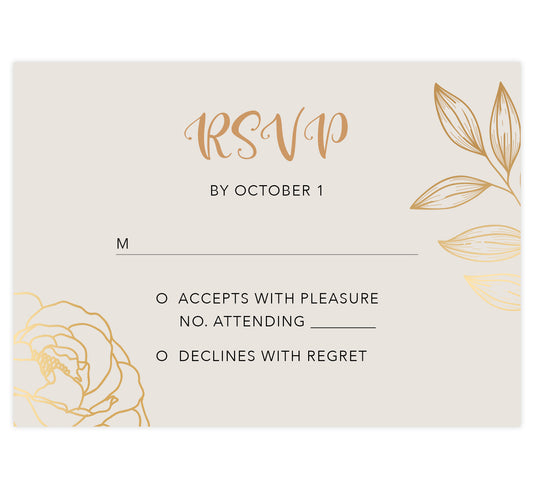 Modern Purple wedding response card; creme background with gold and black text and gold leaf and rose