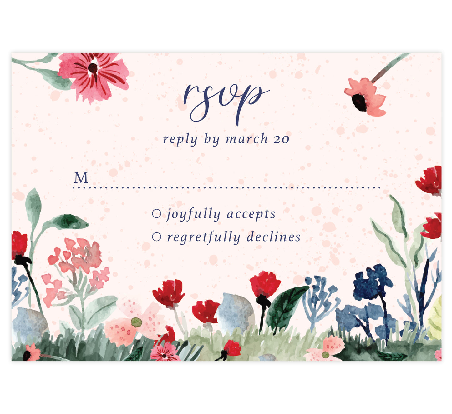 Watercolor Wildflower wedding response card; pink textured background with blue text and watercolor florals