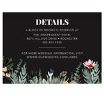 Load image into Gallery viewer, Backyard Love wedding detail/accommodation card; black background with watercolor greenery at the bottom and white text
