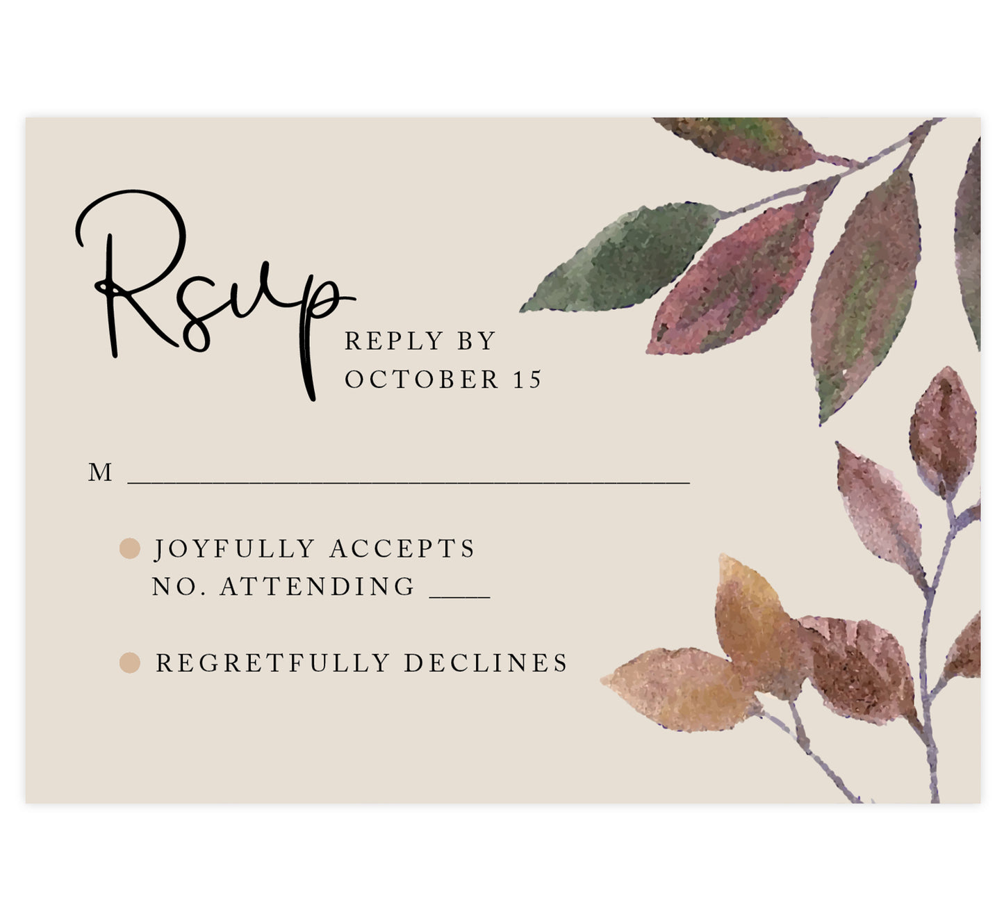 Golden Leaves wedding response card; cream background with black text and watercolor leaves on right edge