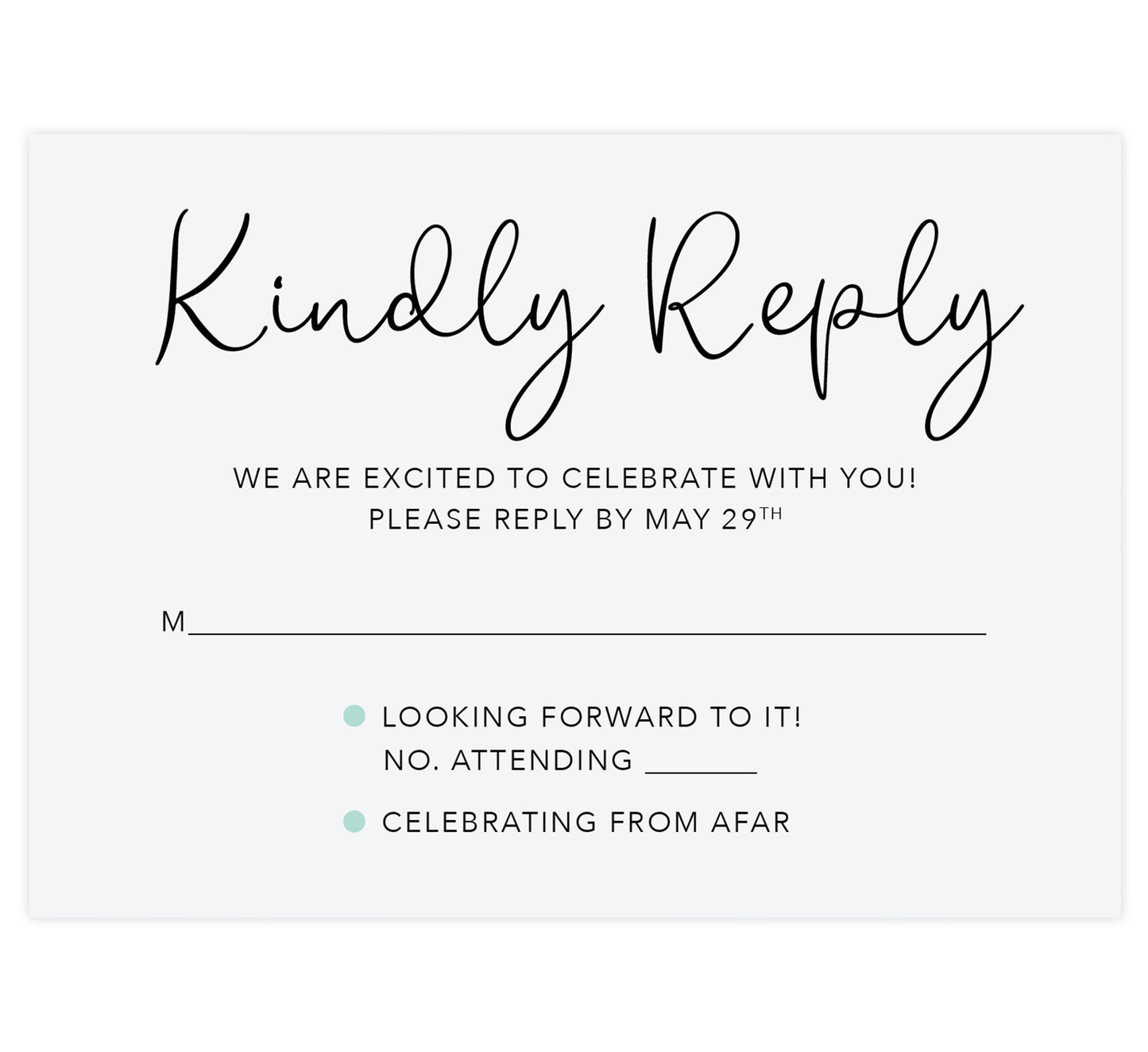 Tropic Teal Wedding Response Card; light blue gray background with black text