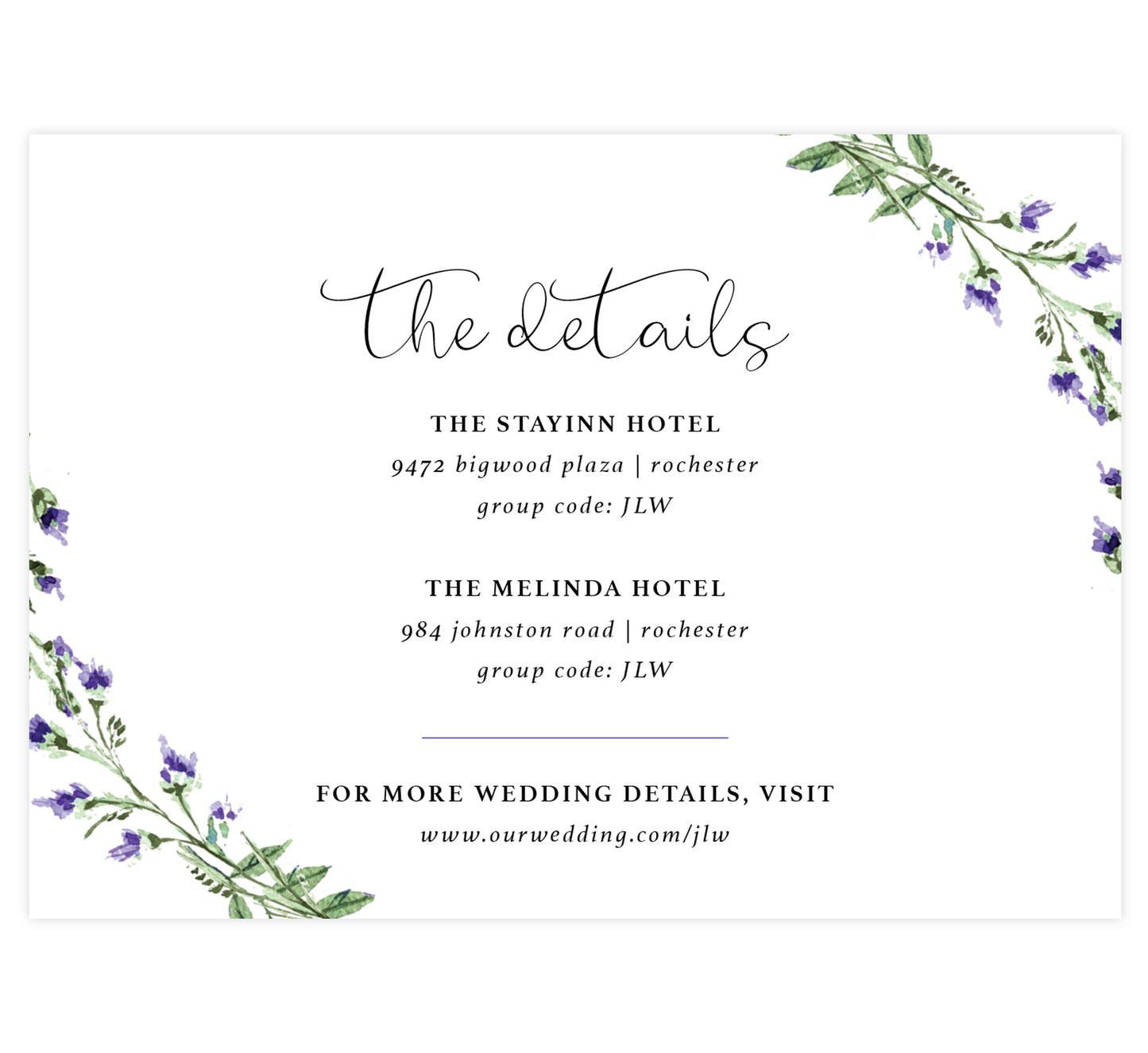 Lavender Wreath wedding accommodations/details card; white background with black text and watercolor lavender in the corners