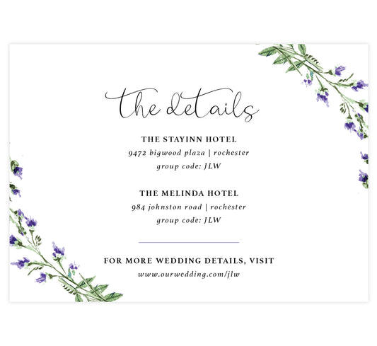 Lavender Wreath wedding accommodations/details card; white background with black text and watercolor lavender in the corners