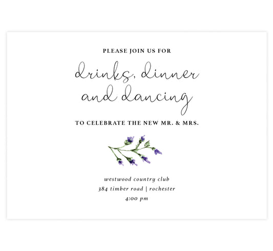 Lavender Wreath wedding reception card; white background with black text and lavender at the bottom