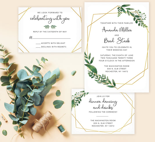 Watercolor Greenery wedding invitation and set