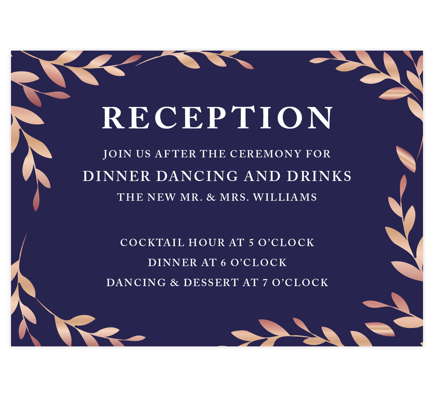 Rose Gold Leaves wedding reception card; purple background with rose gold leaves and white text