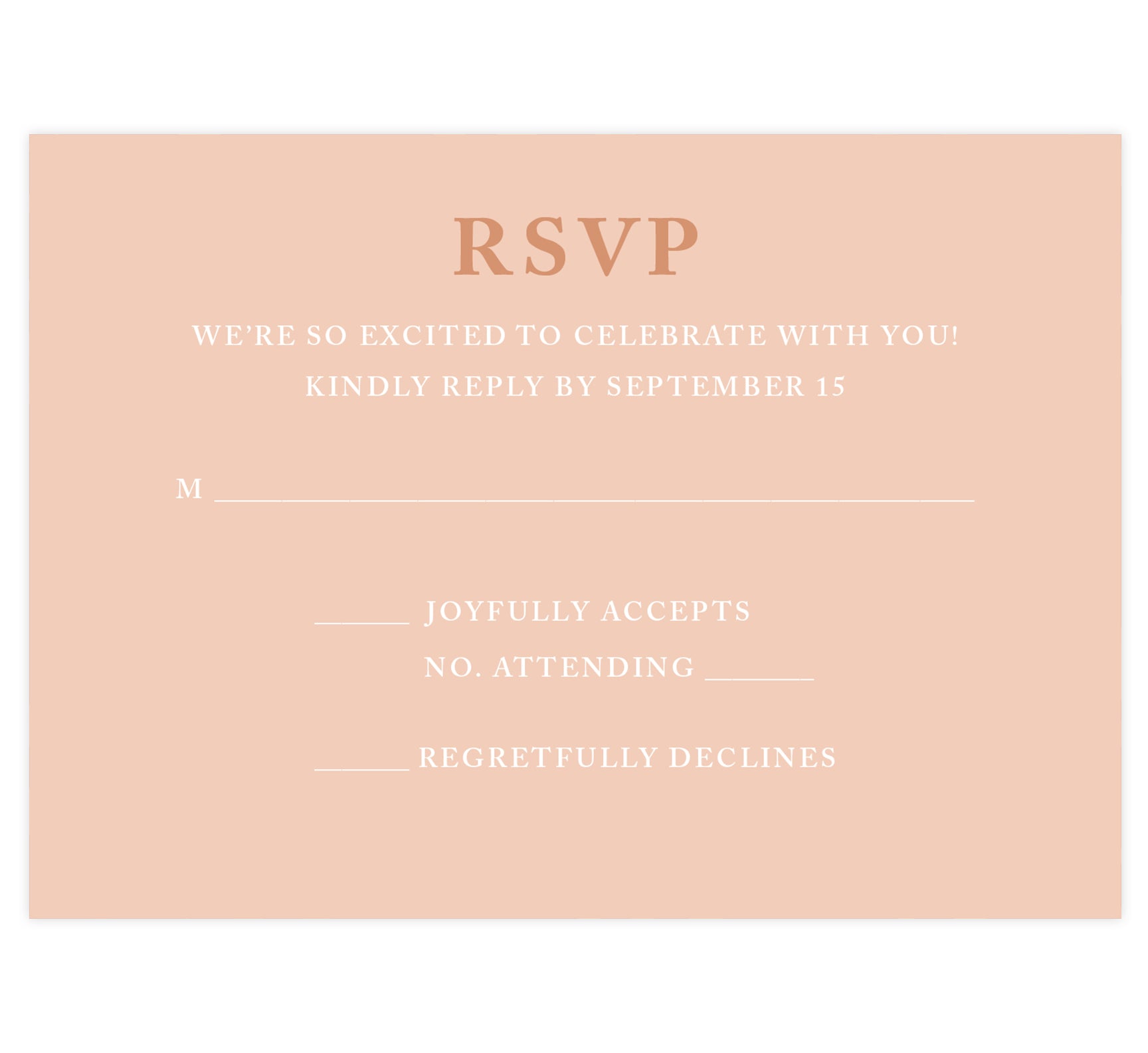 Rose Gold wedding response card; pink background with rose gold and white text