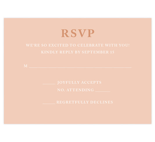 Rose Gold wedding response card; pink background with rose gold and white text
