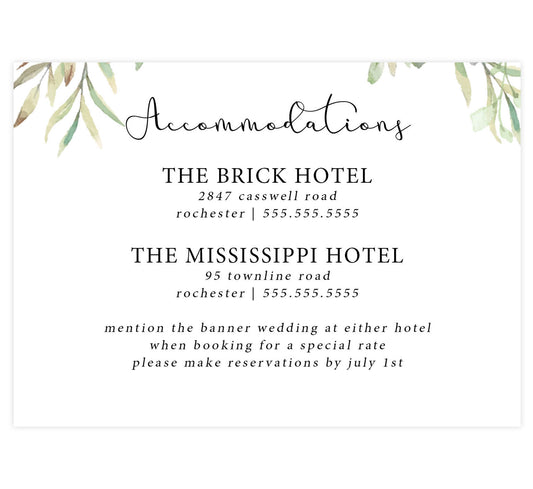 Frame of Leaves wedding detail/accommodation card; white background with black text and leaves on the top edge